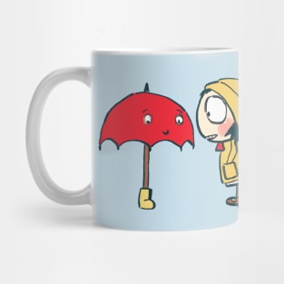 sarah sharing her boots with red umbrella / sarah and duck Mug